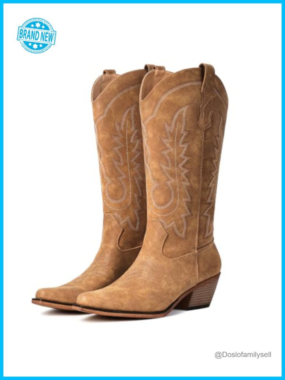 Women's Pointed Toe Mid Calf Cowboy Boots Chunky Heel Western